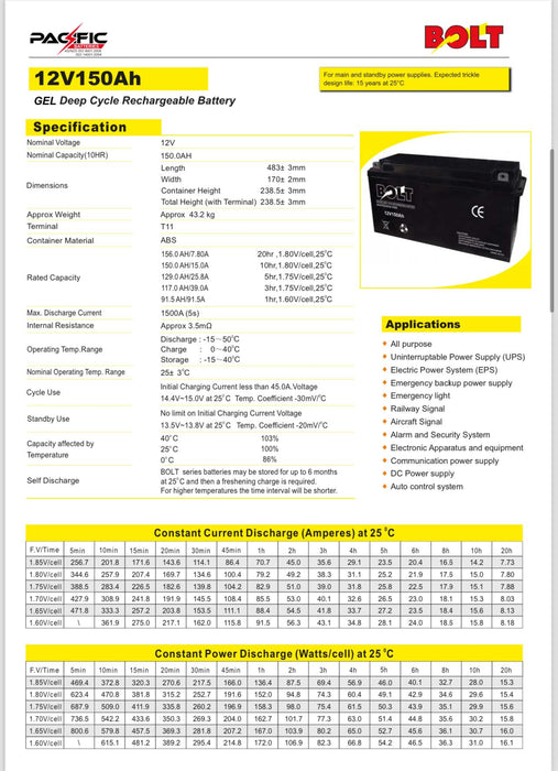 Bolt 12v 150AH AGM Deep Cycle Battery - Superstart Batteries