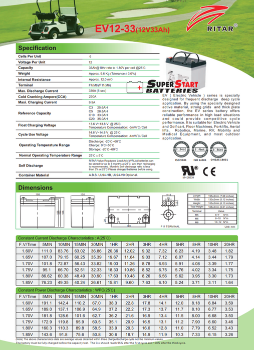 Ritar EV12-33 AGM Battery - 12V 35Ah Mobility Scooter - Superstart Batteries