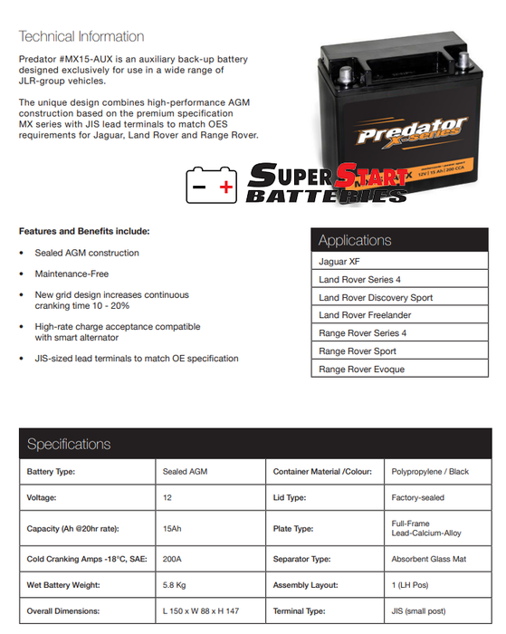 AGM Auxiliary Battery for Jaguar and Range Rover - Predator MX15-AUX Cx23-10c655-ac