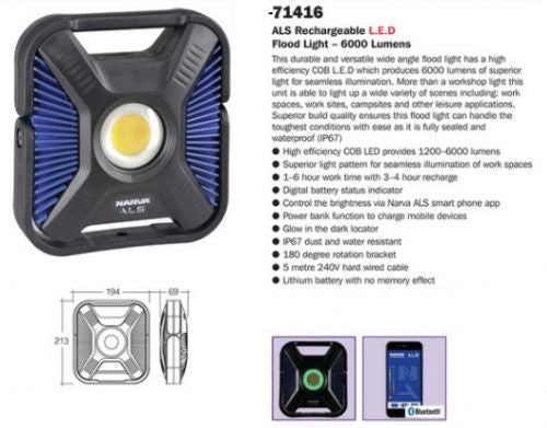 Narva 71412 LED ALS Rechargeable L.E.D Flood Light with UV – 1500 Lumens