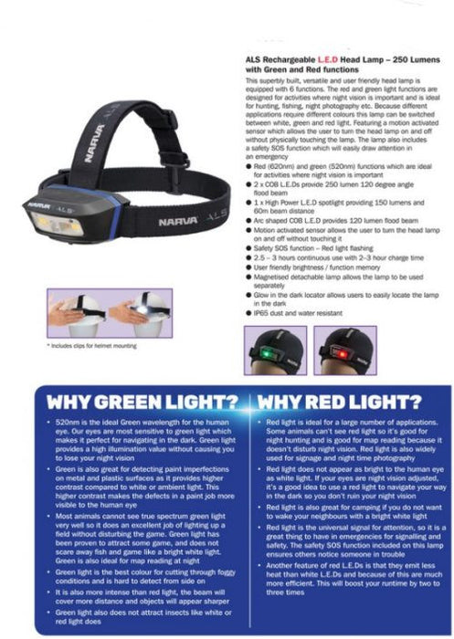 Narva 71427 ALS RECHARGEABLE L.E.D HEAD LAMP – 180 LUMENS WITH GREEN & RED FUNTIONS