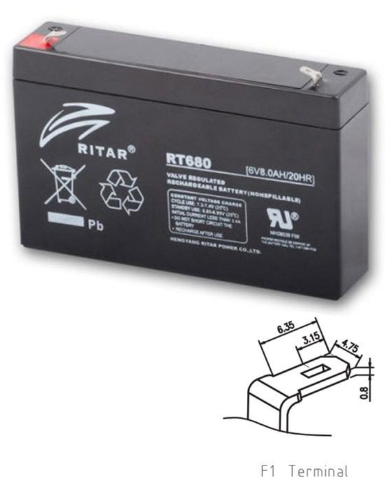 RITAR RT680 6V 8AH SLA deep cycle battery compatible with 6V 7AH PS670