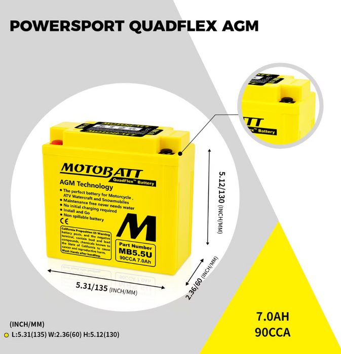 Motobatt MB5.5U Quadflex Motorbike AGM Battery - 7Ah 90CCA - Superstart Batteries