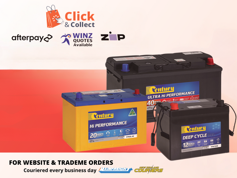 car batteries for website and trademe orders, featuring Ultra Hi Performance and Deep Cycle gel models, available for click and collect, Afterpay, Winz quotes, and Zip payment options.